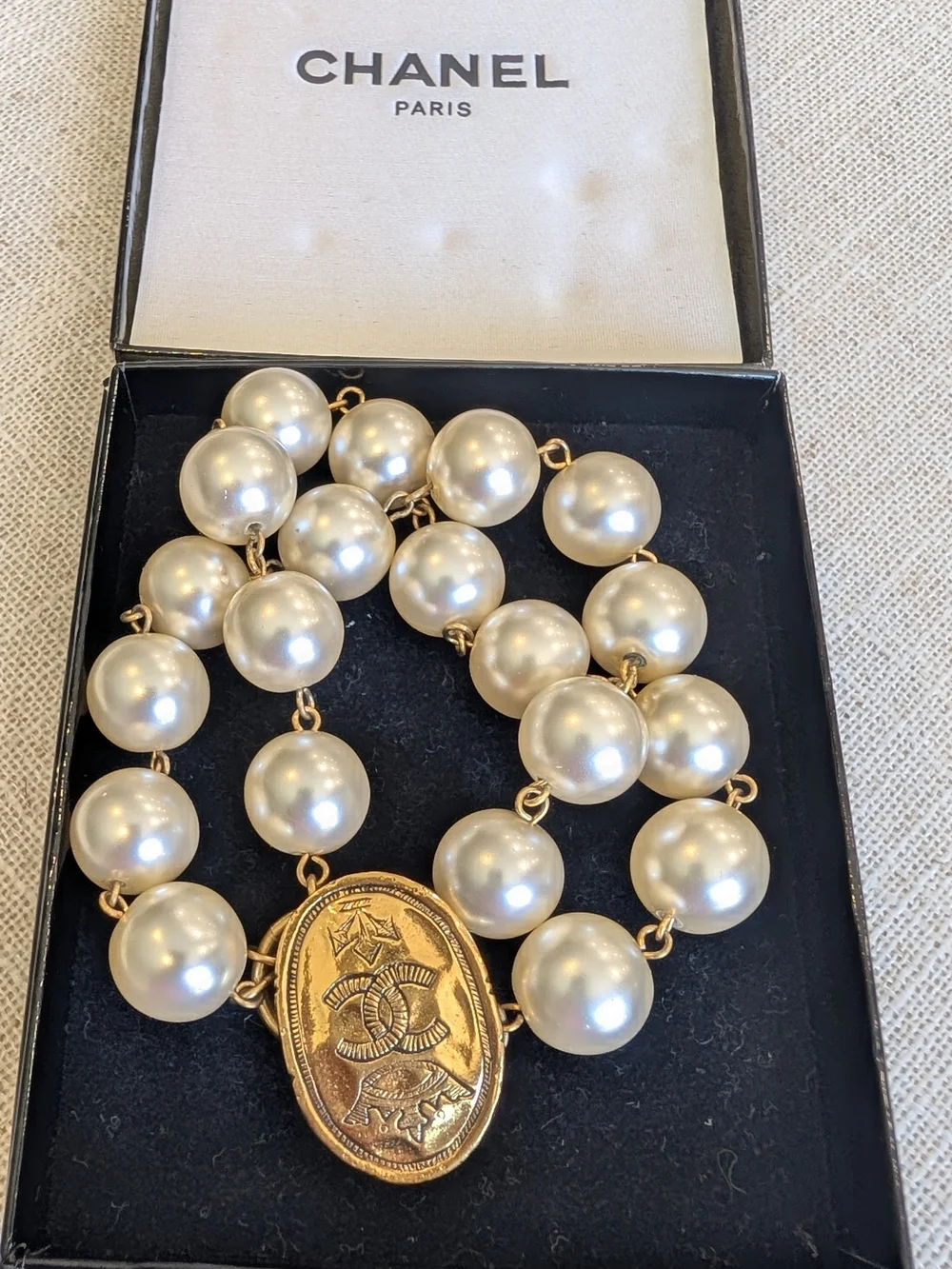 Chanel Vintage Coco Crown Double Strand Pearl Bracelet